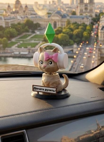 Котик Sims в наушниках на панель авто с подвижной головой (на пружине) 008 фото